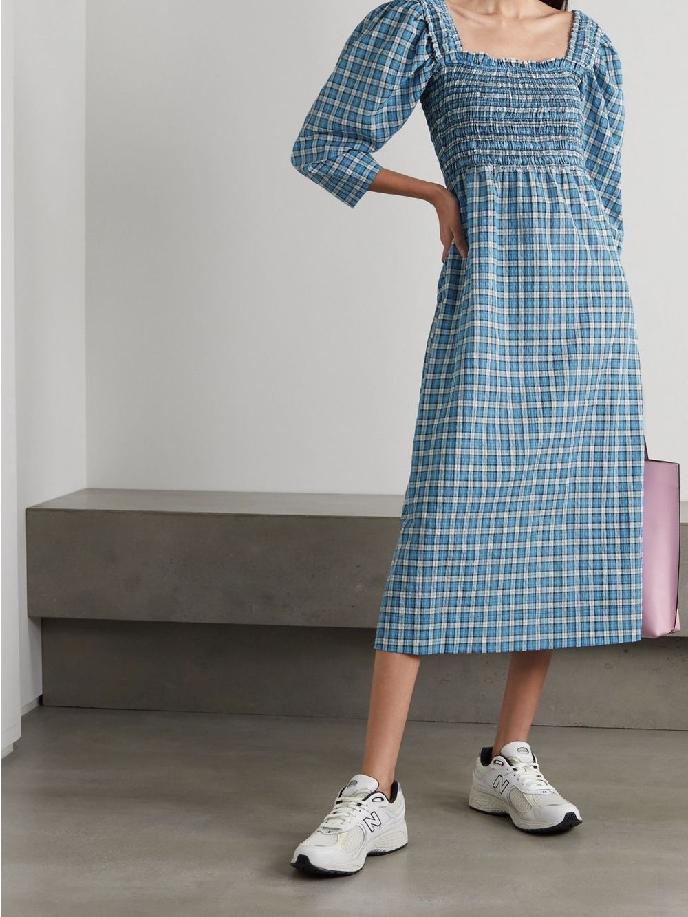 Ganni Blue Plaid Smocked Square-Neck Midi Dress Size 36